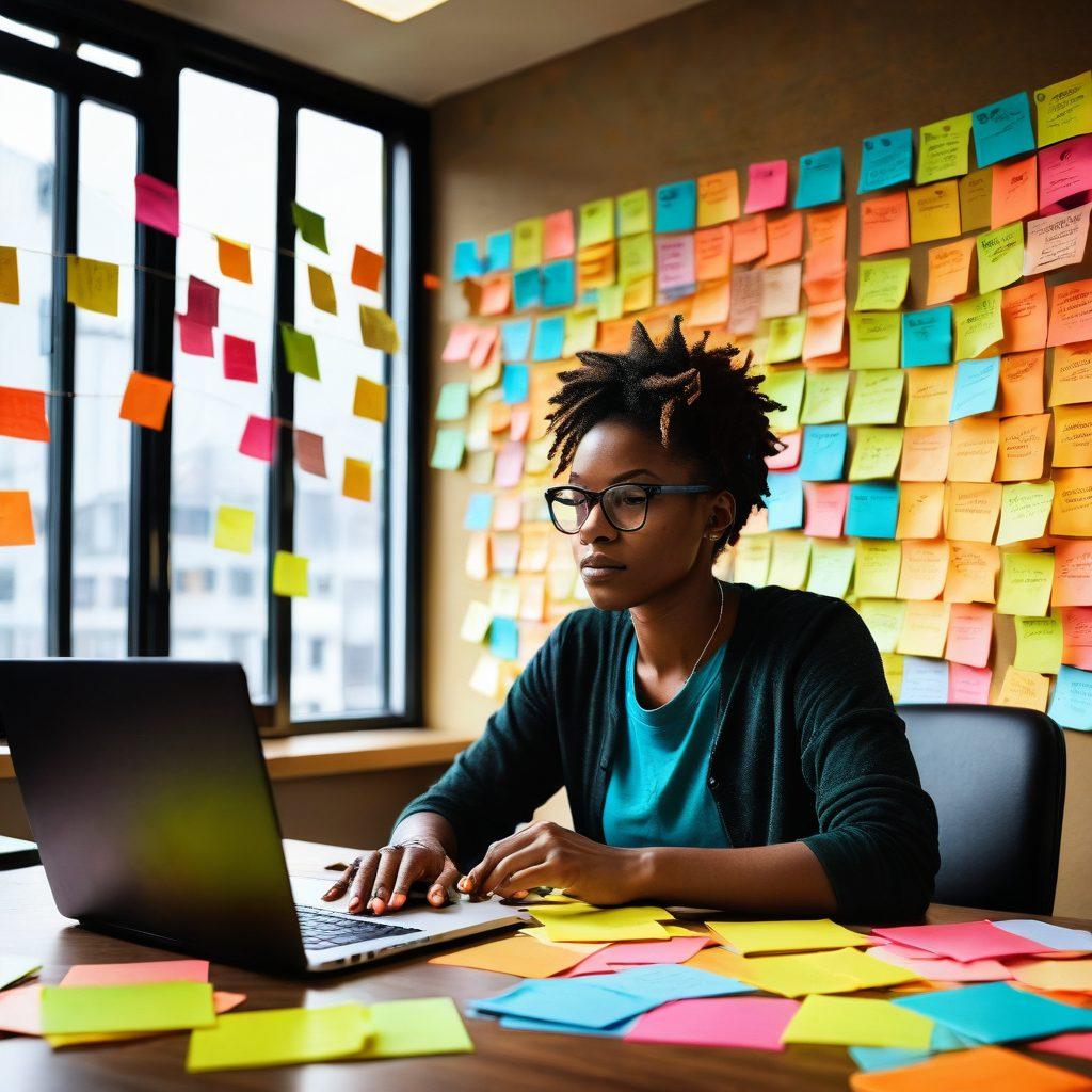 A dynamic scene showcasing a person at a desk, deep in thought while surrounded by colorful post-it notes filled with ideas, a laptop open displaying a vibrant blog page. Soft light filters through a window, symbolizing inspiration and creativity, while images of diverse people in conversation are subtly incorporated in the background, representing connection. The overall ambiance is motivational and energetic. super-realistic. vibrant colors. warm lighting.
