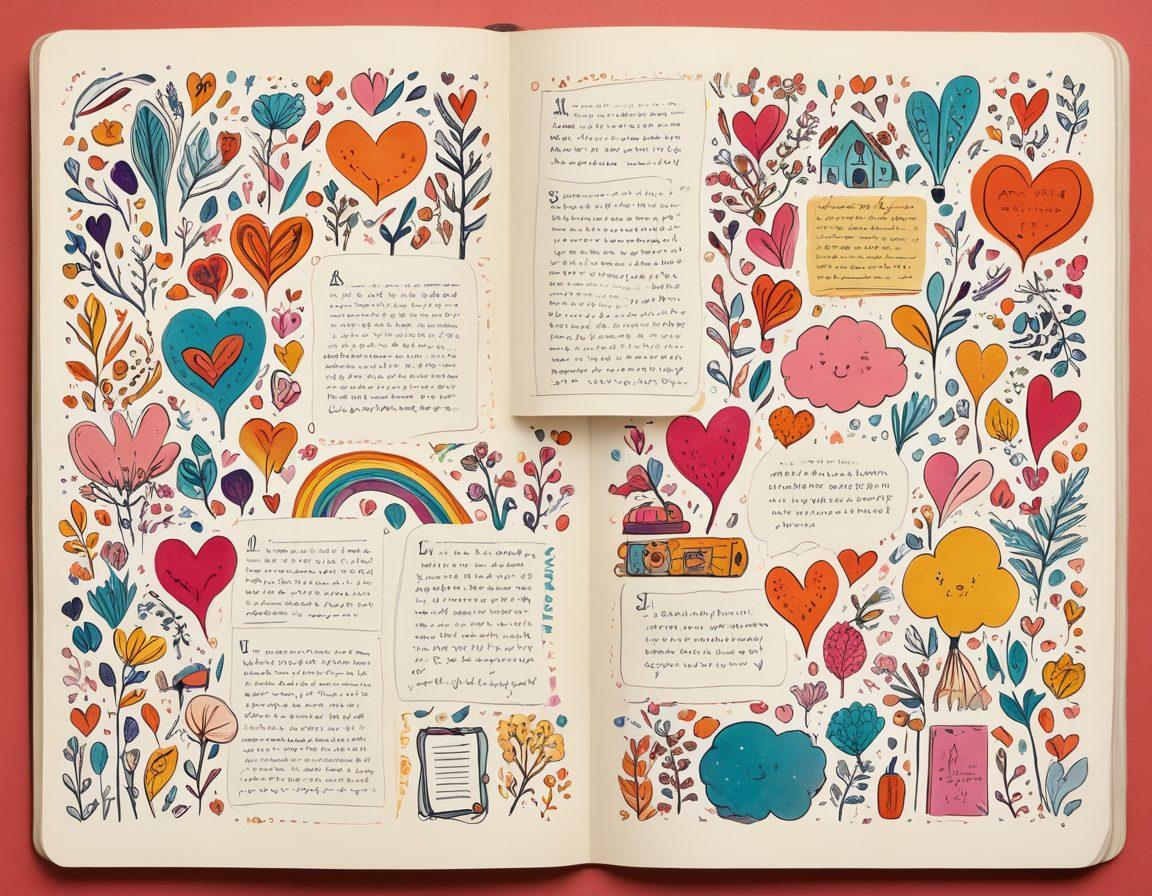 A colorful collage representing the journey of storytelling, featuring an open personal journal with handwritten notes on one side and vibrant illustrations of diverse communities interacting online on the other. Include elements like speech bubbles, digital devices, and symbols of connection such as hearts and hands. The scene should convey a sense of warmth and creativity. vibrant colors. digital art. dynamic composition.