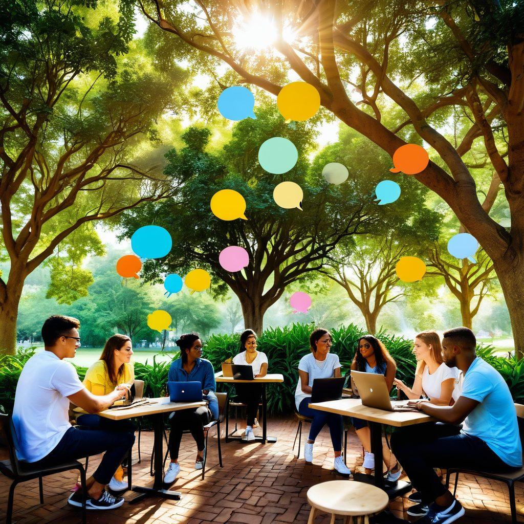A diverse group of individuals passionately engaged in blogging, surrounded by colorful speech bubbles filled with ideas and emotions. A serene setting that blends nature and technology, like a cozy café in a park. Vivid imagery of plants, laptops, and notebooks scattered around, symbolizing personal growth and community connection. Sense of warmth and creativity imbued in the scene. vibrant colors. super-realistic.